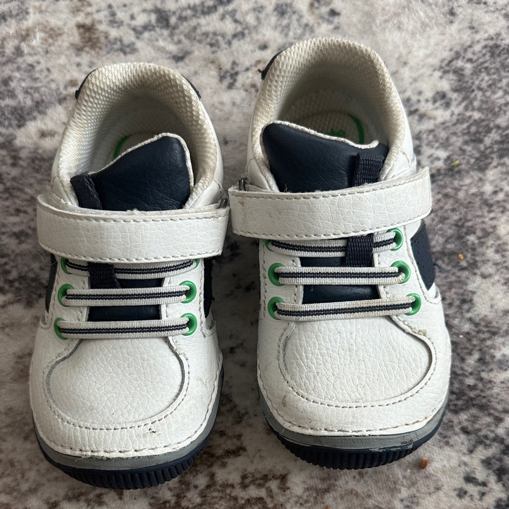 Stride Rite Artie White and Navy Toddler Sneakers with Green Accents